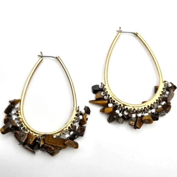 Goldtone Hoop Earrings with Tigers Eye Chips and White Seed Bead Fringe - Picture 4 of 5
